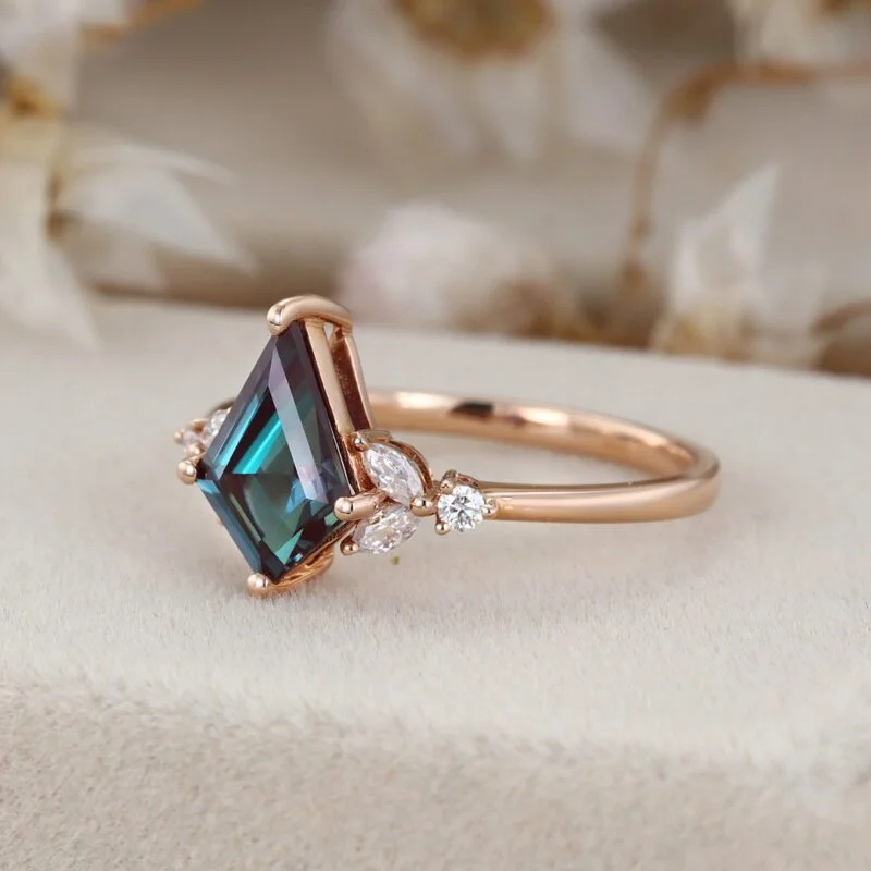 Kite cut Alexandrite engagement ring Vintage unique rose gold moissanite engagement ring marquise cluster diamond ring wedding bridal gift