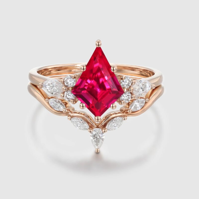 Kite Cut Lab Grown Ruby Engagement Ring Set 14K Rose Gold Bridal Ring Wedding Anniversary Ring Set