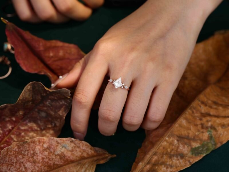 Kite cut Moissanite engagement ring Unique art deco cluster moissanite engagement ring Vintage rose gold diamond ring bridal Anniversary gift