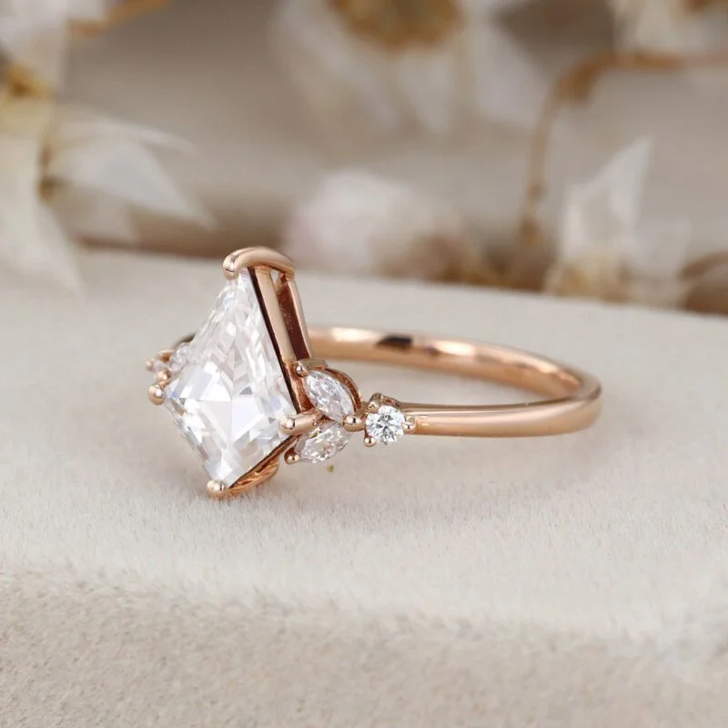 Kite cut Moissanite engagement ring Vintage unique rose gold moissanite engagement ring marquise cluster diamond ring wedding bridal giftKite cut Moissanite engagement ring Vintage unique rose gold moissanite engagement ring marquise cluster diamond ring wedding bridal gift