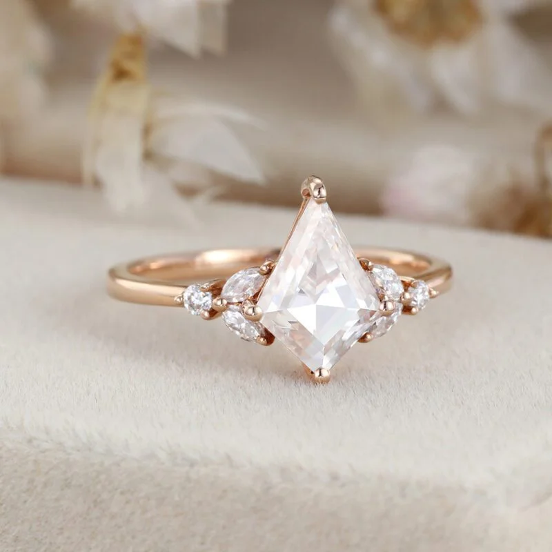 Kite cut Moissanite engagement ring Vintage unique rose gold moissanite engagement ring marquise cluster diamond ring wedding bridal gift