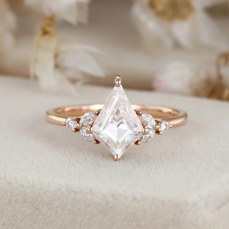 Kite cut Moissanite engagement ring Vintage unique rose gold moissanite engagement ring marquise cluster diamond ring wedding bridal gift