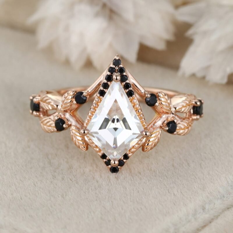 Kite cut Moissanite engagement ring women unique Black onyx engagement ring Vintage 14K Rose gold ring bridal wedding anniversary gift