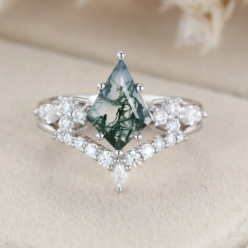 Kite cut Moss Agate engagement ring set 14K White gold Unique Cluster vintage ring vintage Marquise Moissanite wedding Promise Anniversary