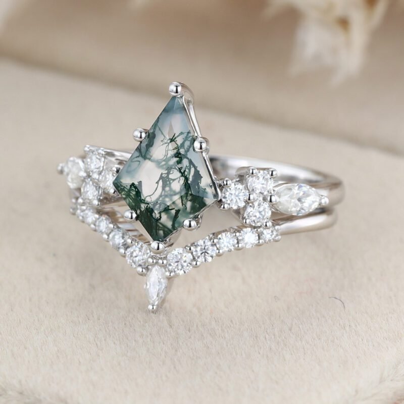 Kite cut Moss Agate engagement ring set 14K White gold Unique Cluster vintage ring vintage Marquise Moissanite wedding Promise Anniversary