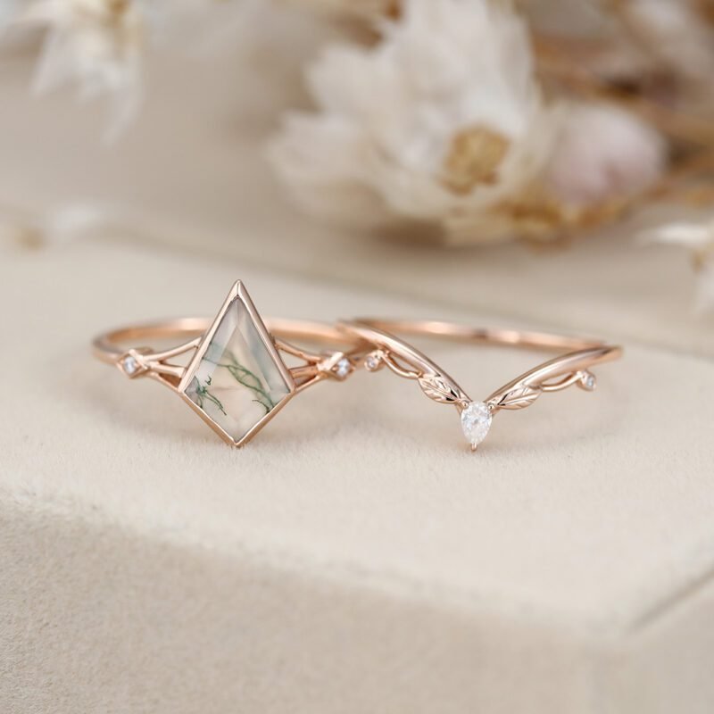Kite cut Natura Moss Agate engagement ring set Vintage Unique Rose gold diamond leaf wedding ring Bridal set promise Anniversary gift