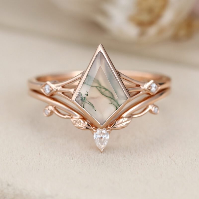 Kite cut Natura Moss Agate engagement ring set Vintage Unique Rose gold diamond leaf wedding ring Bridal set promise Anniversary gift