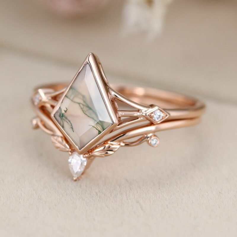 Kite cut Natura Moss Agate engagement ring set Vintage Unique Rose gold diamond leaf wedding ring Bridal set promise Anniversary gift