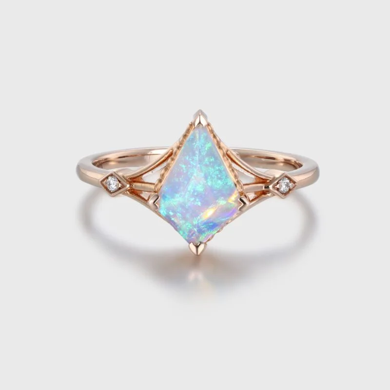 Kite cut Opal engagement ring Unique bridal ring Vintage 14K Rose gold moissanite diamond engagement ring Bridal promise anniversary gift