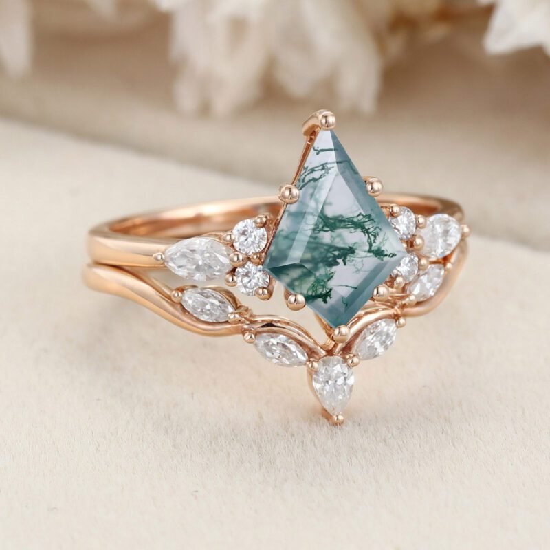 Kite cut moss agate engagement ring set Vintage art deco wedding ring Unique Rose gold bridal set marquise cut promise anniversary ring