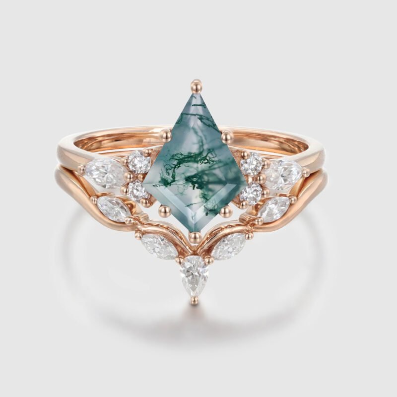 Kite cut moss agate engagement ring set Vintage art deco wedding ring Unique Rose gold bridal set marquise cut promise anniversary ring