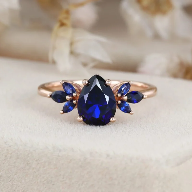 Lab Blue sapphire engagement ring vintage rose gold ring Unique pear shape engagement ring Marquise wedding ring Bridal anniversary gift