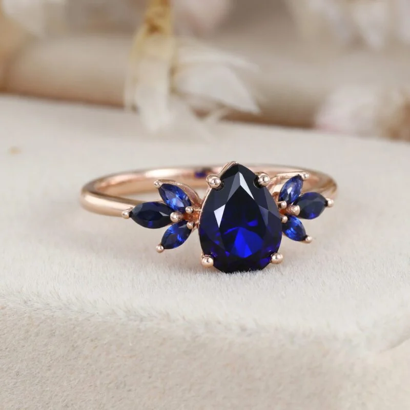 Lab Blue sapphire engagement ring vintage rose gold ring Unique pear shape engagement ring Marquise wedding ring Bridal anniversary gift