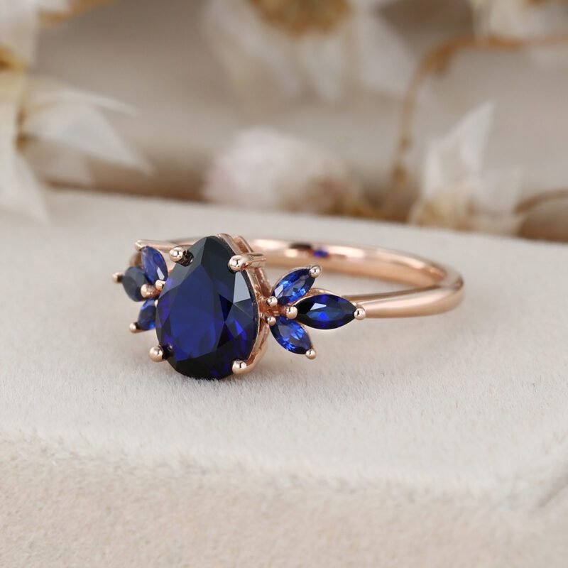 Lab Blue sapphire engagement ring vintage rose gold ring Unique pear shape engagement ring Marquise wedding ring Bridal anniversary gift