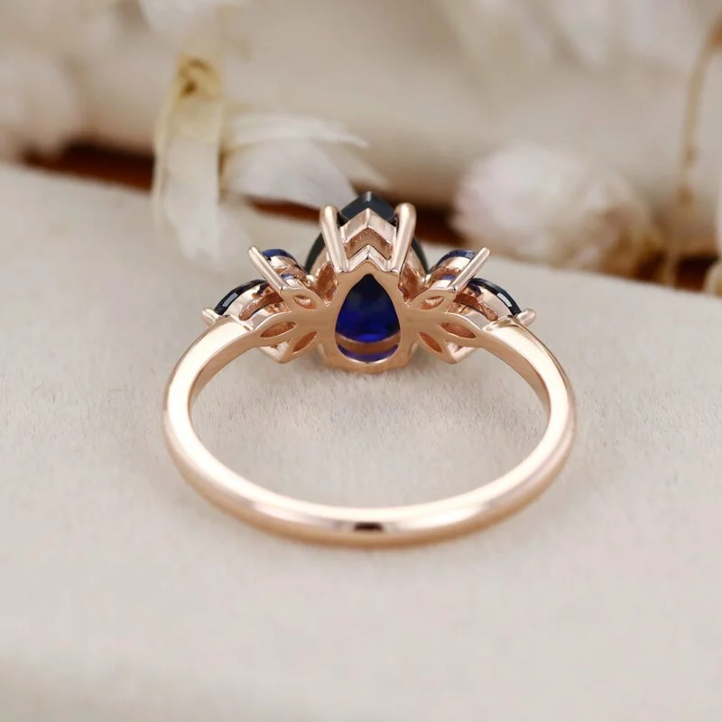 Lab Blue sapphire engagement ring vintage rose gold ring Unique pear shape engagement ring Marquise wedding ring Bridal anniversary gift