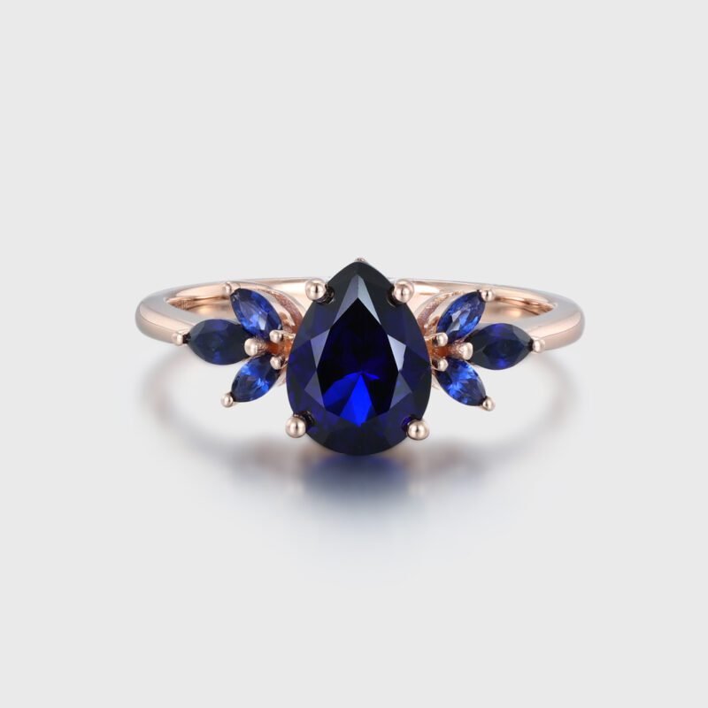 Lab Blue sapphire engagement ring vintage rose gold ring Unique pear shape engagement ring Marquise wedding ring Bridal anniversary gift