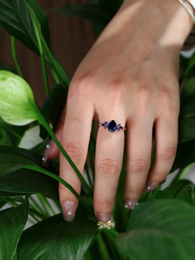 Lab Blue sapphire engagement ring vintage rose gold ring Unique pear shape engagement ring Marquise wedding ring Bridal anniversary gift