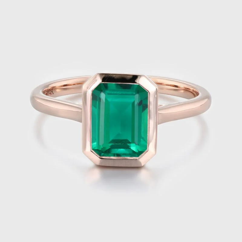 8x6mm Lab Emerald Engagement Ring Emerald Cut Bezel Emerald Ring 14K Rose Gold Solitaire Ring