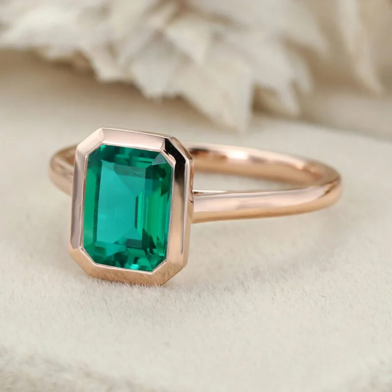 8x6mm Lab Emerald Engagement Ring Emerald Cut Bezel Emerald Ring 14K Rose Gold Solitaire Ring