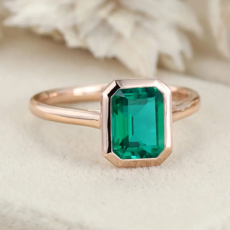 8x6mm Lab Emerald Engagement Ring Emerald Cut Bezel Emerald Ring 14K Rose Gold Solitaire Ring