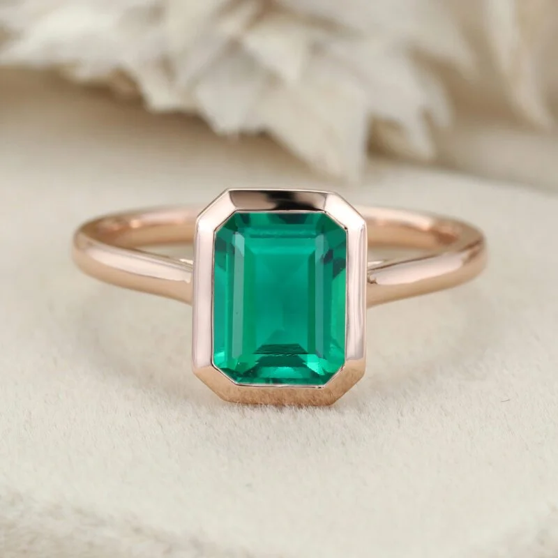 8x6mm Lab Emerald Engagement Ring Emerald Cut Bezel Emerald Ring 14K Rose Gold Solitaire Ring