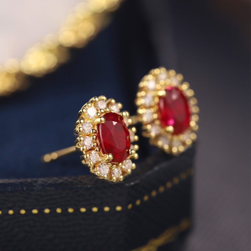 Lab Ruby Earrings Oval Cut 1.18CT Ruby Earrings, 18k Yellow Gold Natural Diamond Earrings Delicate Earring Studs