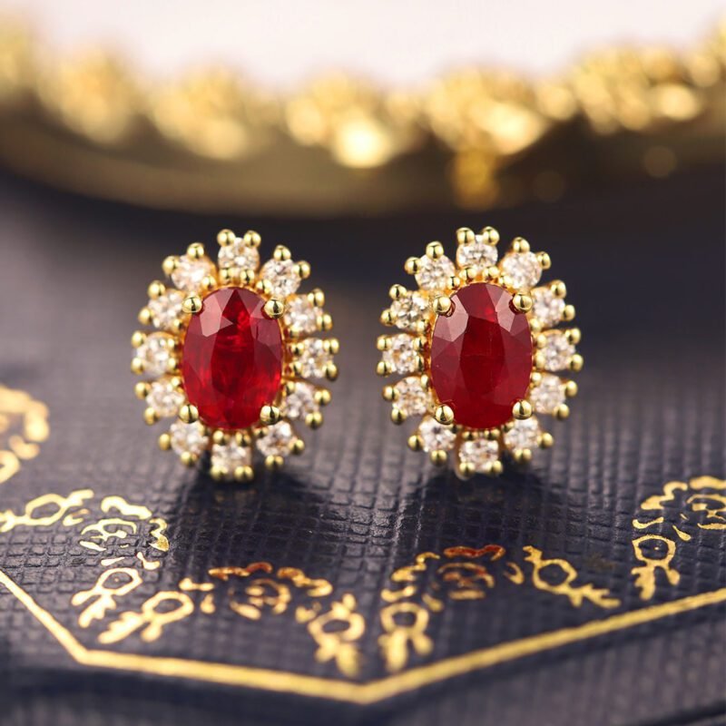 Lab Ruby Earrings Oval Cut 1.18CT Ruby Earrings, 18k Yellow Gold Natural Diamond Earrings Delicate Earring Studs