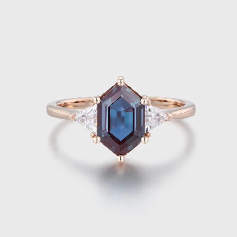 Long Hexagon Cut Alexandrite Ring Side Stones Triangle Moissnaite In 14k Rose Gold