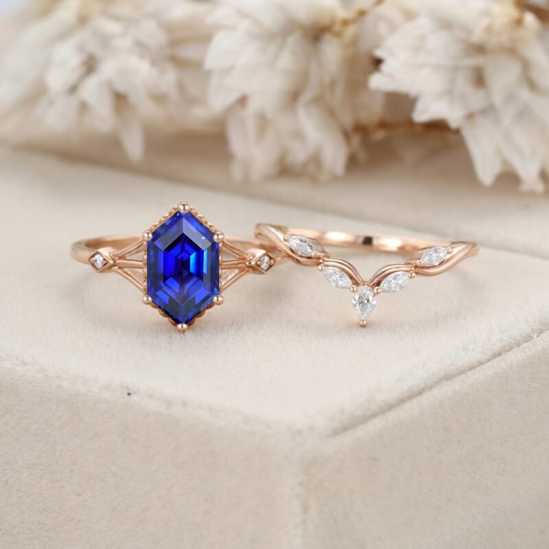 Long Hexagon Cut Lab Sapphire Engagement Ring Set Vintage Rose Gold Ring Moissanite Diamond Wedding Ring Set