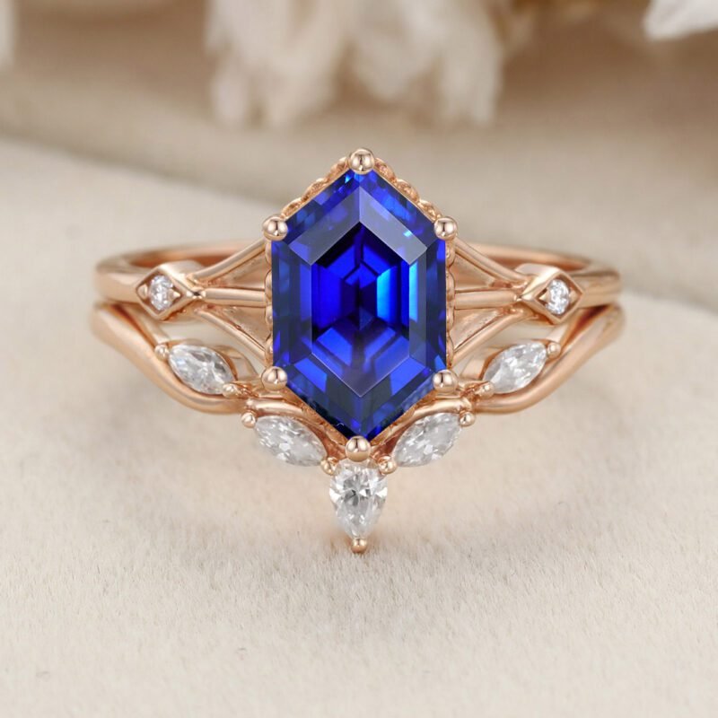 Long Hexagon Cut Lab Sapphire Engagement Ring Set Vintage Rose Gold Ring Moissanite Diamond Wedding Ring Set