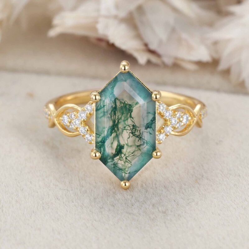 Long Hexagon Cut Moss Agate Engagement Ring 14K Solid Gold Moissanite Cluster Wedding Ring Vine Design Anniversary Ring Promise Rings