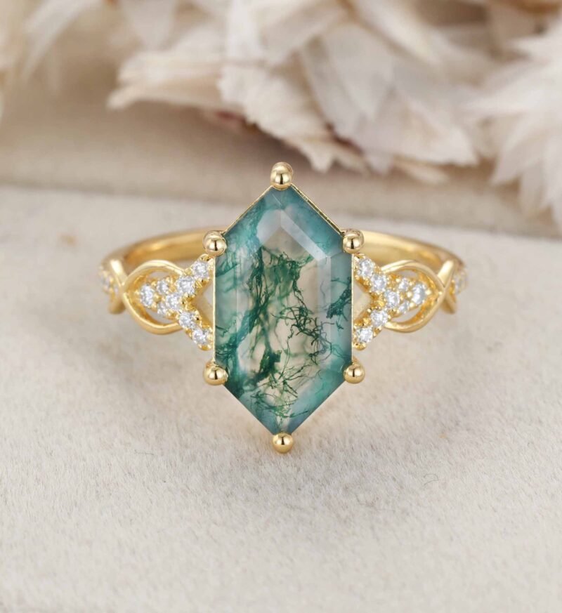 Long Hexagon Cut Moss Agate Engagement Ring 14K Solid Gold Moissanite Cluster Wedding Ring Vine Design Anniversary Ring Promise Rings