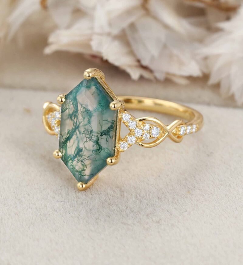 Long Hexagon Cut Moss Agate Engagement Ring 14K Solid Gold Moissanite Cluster Wedding Ring Vine Design Anniversary Ring Promise Rings