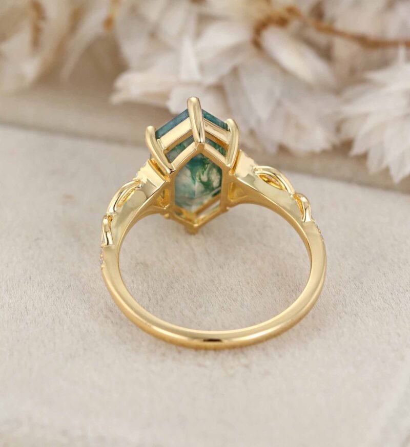 Long Hexagon Cut Moss Agate Engagement Ring 14K Solid Gold Moissanite Cluster Wedding Ring Vine Design Anniversary Ring Promise Rings