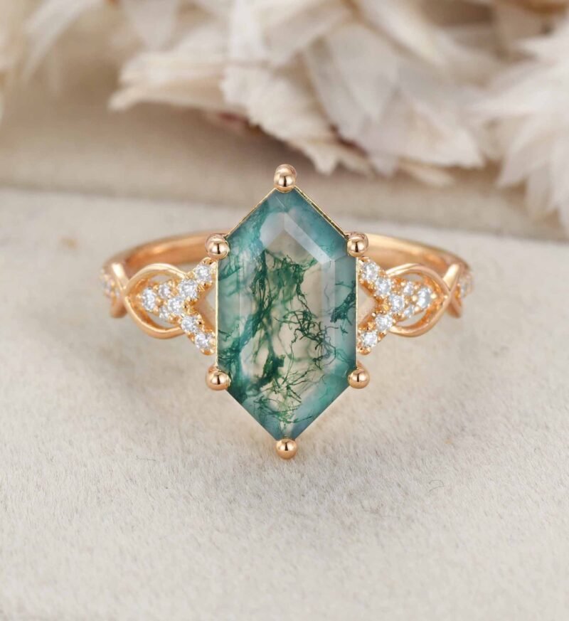 Long Hexagon Cut Moss Agate Engagement Ring 14K Solid Gold Moissanite Cluster Wedding Ring Vine Design Anniversary Ring Promise Rings