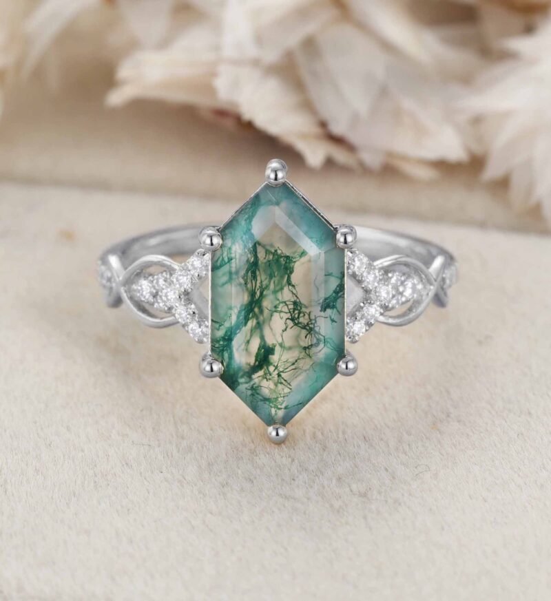 Long Hexagon Cut Moss Agate Engagement Ring 14K Solid Gold Moissanite Cluster Wedding Ring Vine Design Anniversary Ring Promise Rings