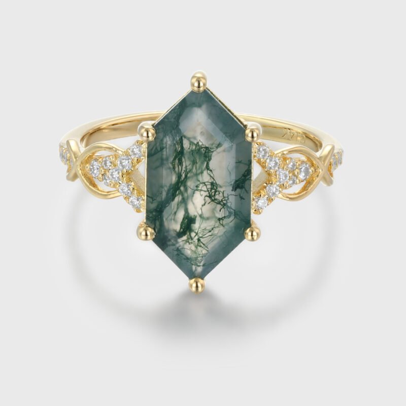 Long Hexagon Cut Moss Agate Engagement Ring in 14K Solid Gold, Moissanite Cluster Wedding Ring with Vine Design, Nature-Inspired Anniversary and Promise Ring for Women