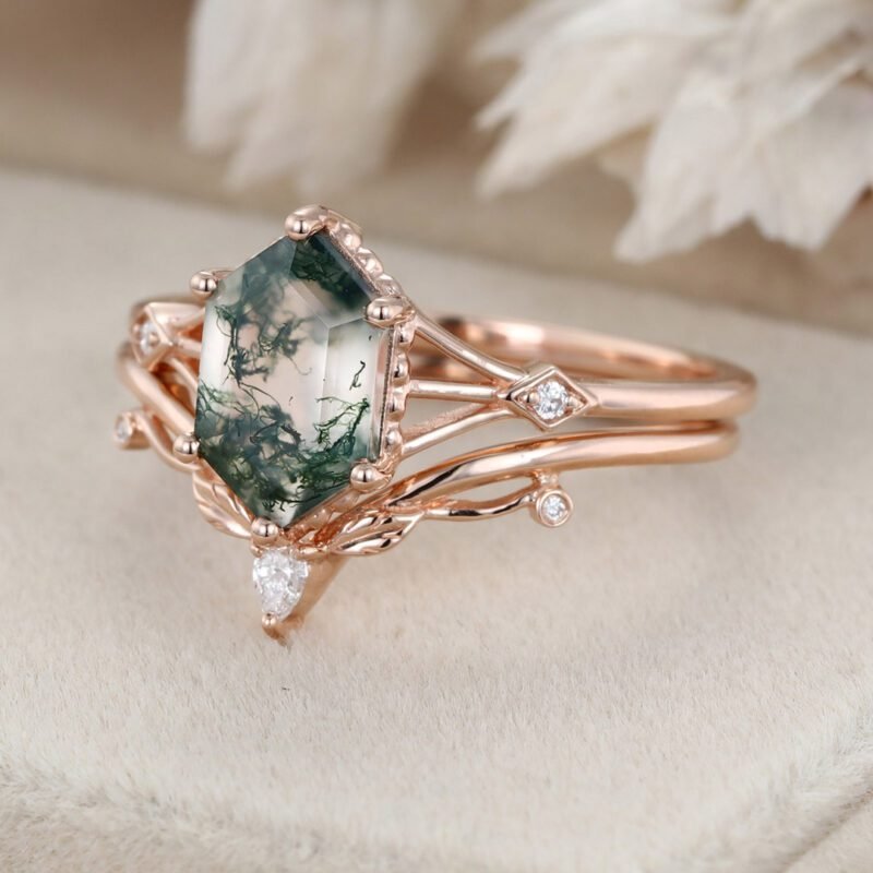 Long hexagon Moss Agate engagement ring set Vintage Unique Rose gold diamond leaf wedding ring Bridal set Anniversary promise gift for her