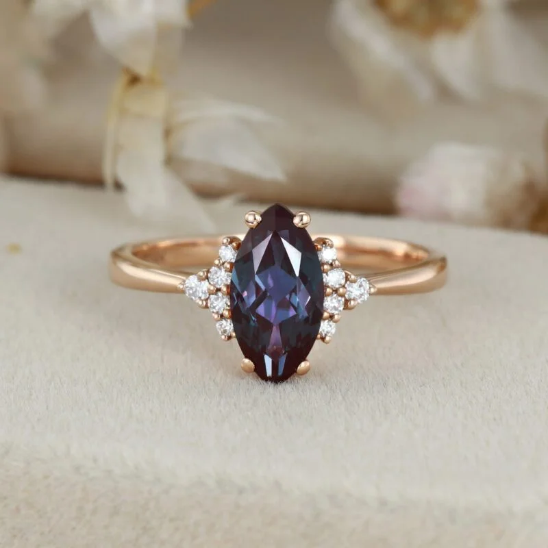 Marquise Alexandrite engagement ring Rose gold engagement ring Unique Vintage Cluster ring Bridal Promise ring Anniversary gift for her