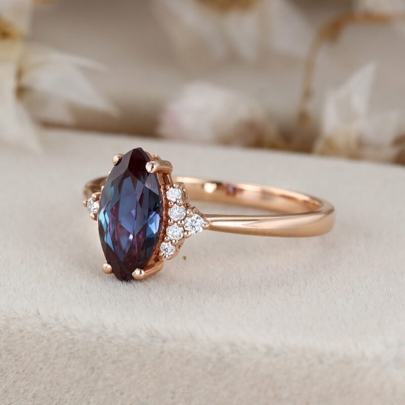Marquise Alexandrite engagement ring Rose gold engagement ring Unique Vintage Cluster ring Bridal Promise ring Anniversary gift for her