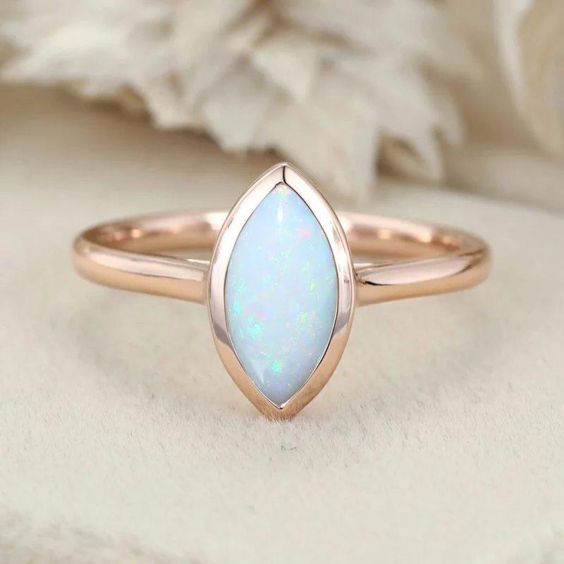 Marquise Cut Bezel Set Engagement Ring 1.0Ct Opal Rose Gold Ring Bezel Set Solitaire Ring