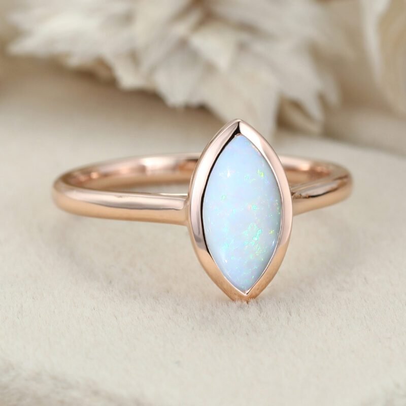 Marquise Cut Bezel Set Engagement Ring 1.0Ct Opal Rose Gold Ring Bezel Set Solitaire Ring