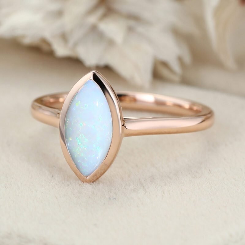 Marquise Cut Bezel Set Engagement Ring 1.0Ct Opal Rose Gold Ring Bezel Set Solitaire Ring