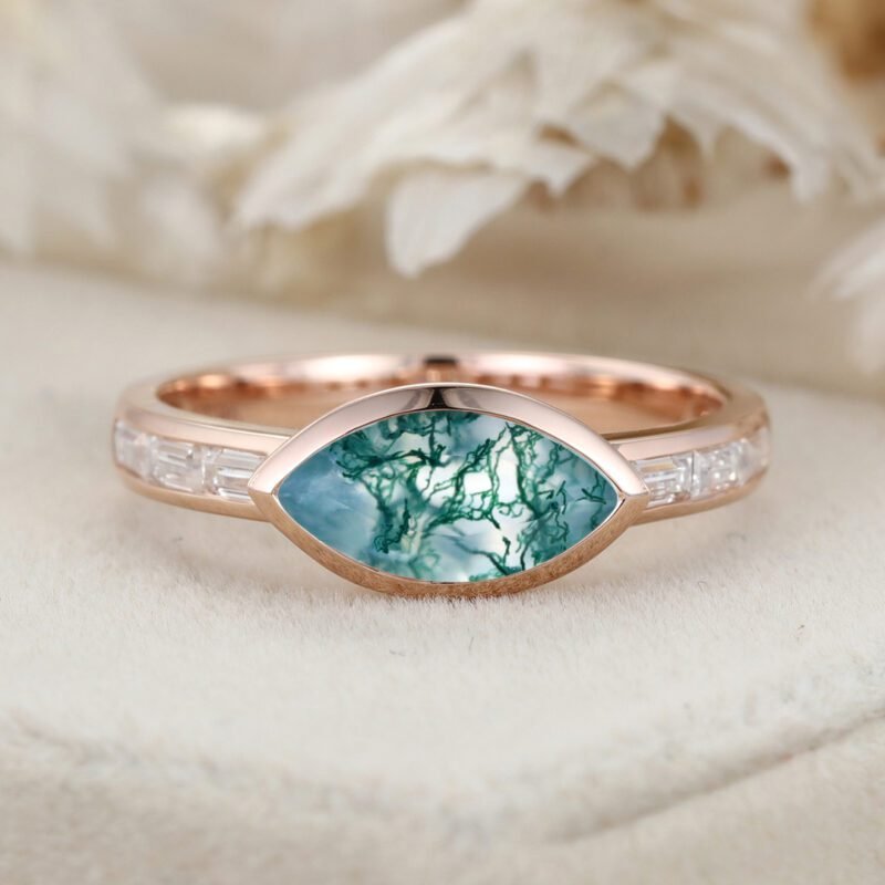 Marquise Cut East West Bezel Natural Moss Agate Engagement Ring 14K Rose Gold