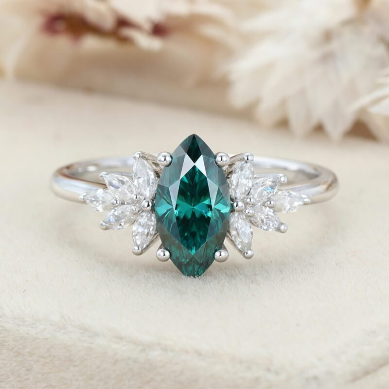 Marquise Cut Green Moissanite Engagement Ring Vintage 14K Rose Gold Diamond Art Deco Ring