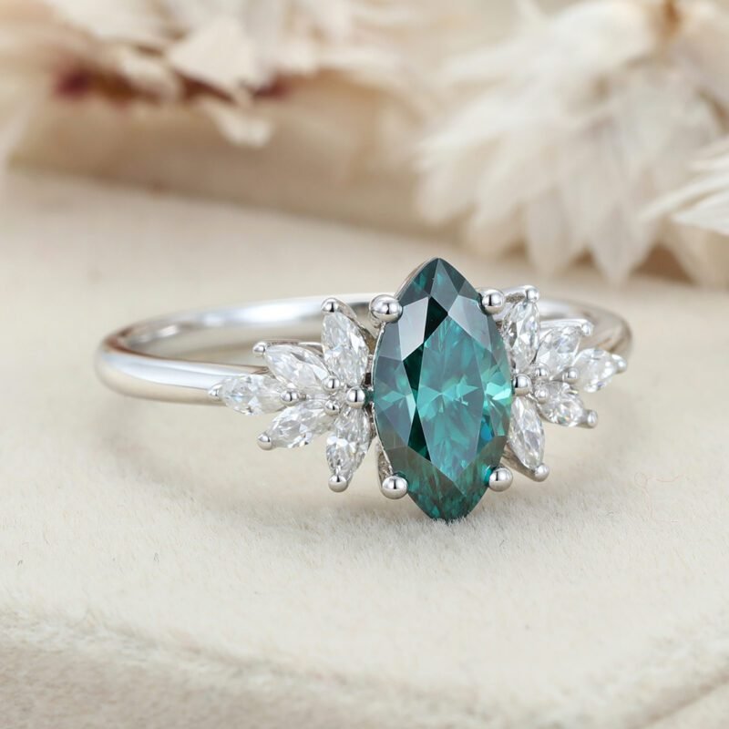 Marquise Cut Green Moissanite Engagement Ring Vintage 14K Rose Gold Diamond Art Deco Ring