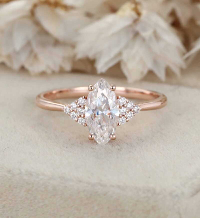 Marquise Cut Moissanite Engagement Ring Vintage Cluster Engagement Ring 14K Rose Gold Lab Grown Diamond Ring Bridal Wedding Anniversary Gift