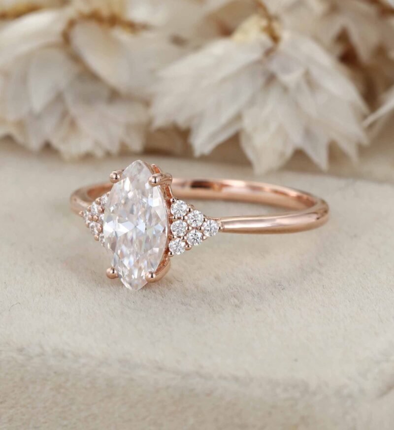 Marquise Cut Moissanite Engagement Ring Vintage Cluster Engagement Ring 14K Rose Gold Lab Grown Diamond Ring Bridal Wedding Anniversary Gift