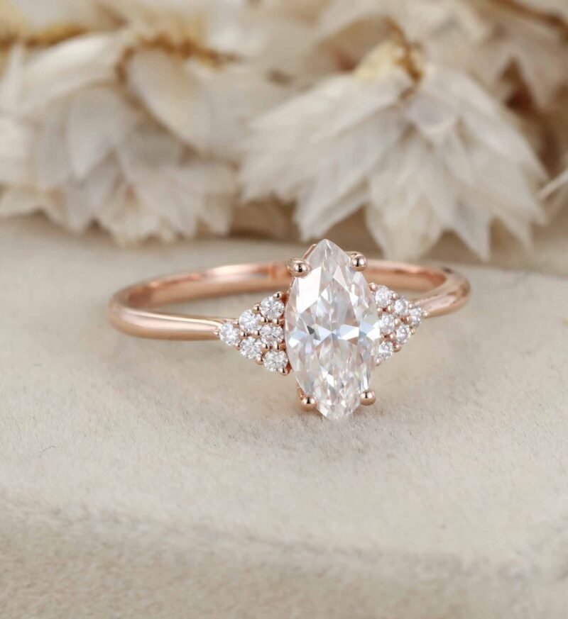 Marquise Cut Moissanite Engagement Ring Vintage Cluster Engagement Ring 14K Rose Gold Lab Grown Diamond Ring Bridal Wedding Anniversary Gift