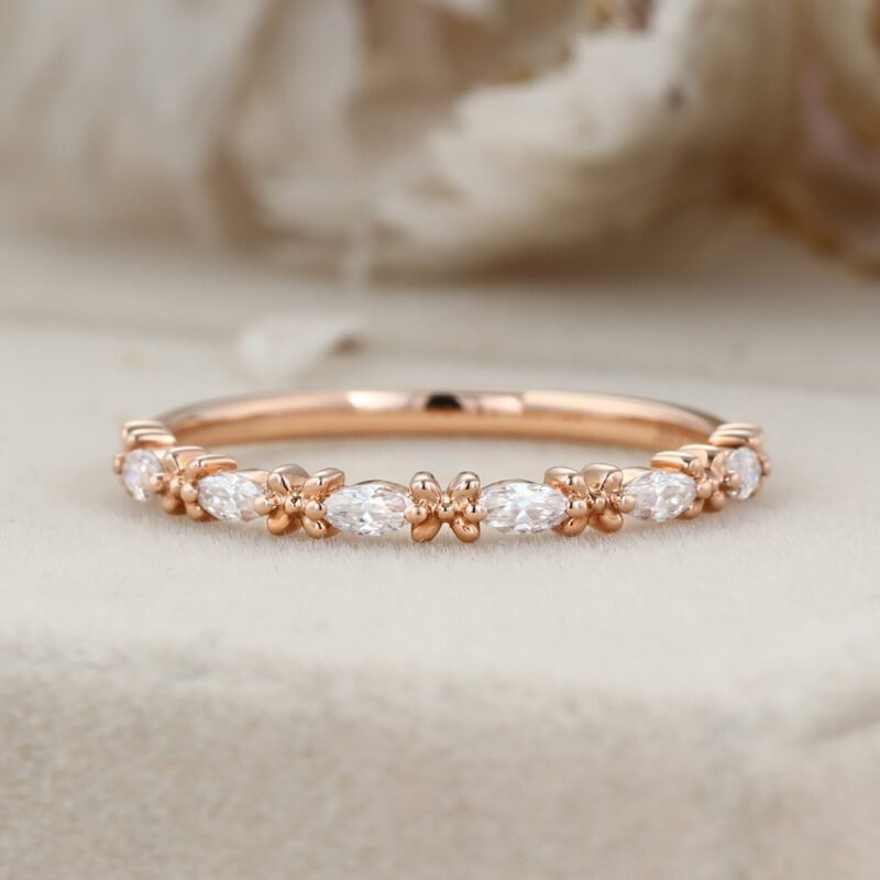 Marquise Cut Moissanite Wedding Band Vintage Rose Gold Band Stacking Half Eternity Diamonds Promise Ring
